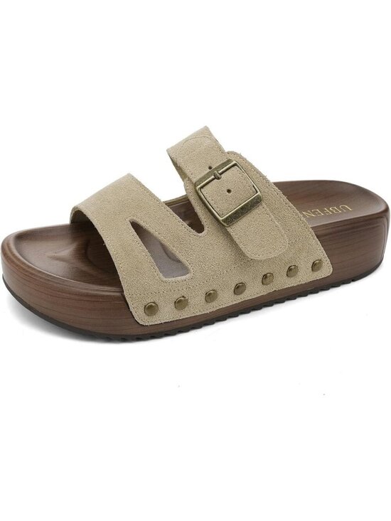 Shoes - Women's Slides Platform C Beige Genuine Leather Arch Support Buckle Sandals